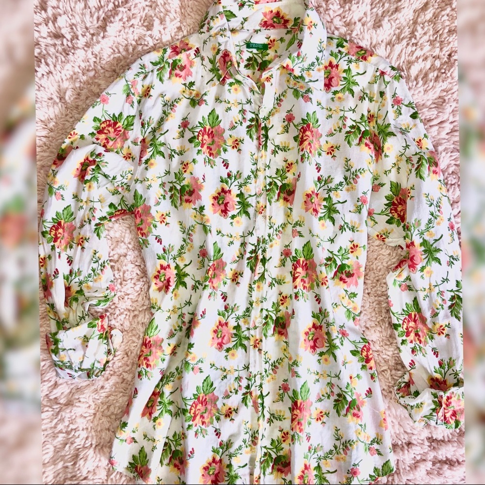 Benetton White Floral Oxford Shirt Top Size: M - Picture 2 of 7